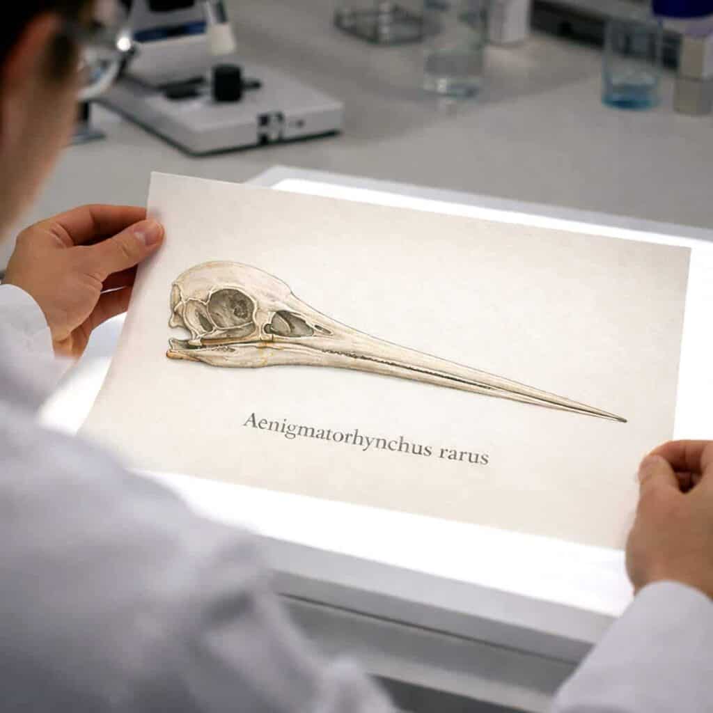Scientist examining a detailed illustration of the skull and elongated beak of the extinct bird Aenigmatorhynchus rarus.