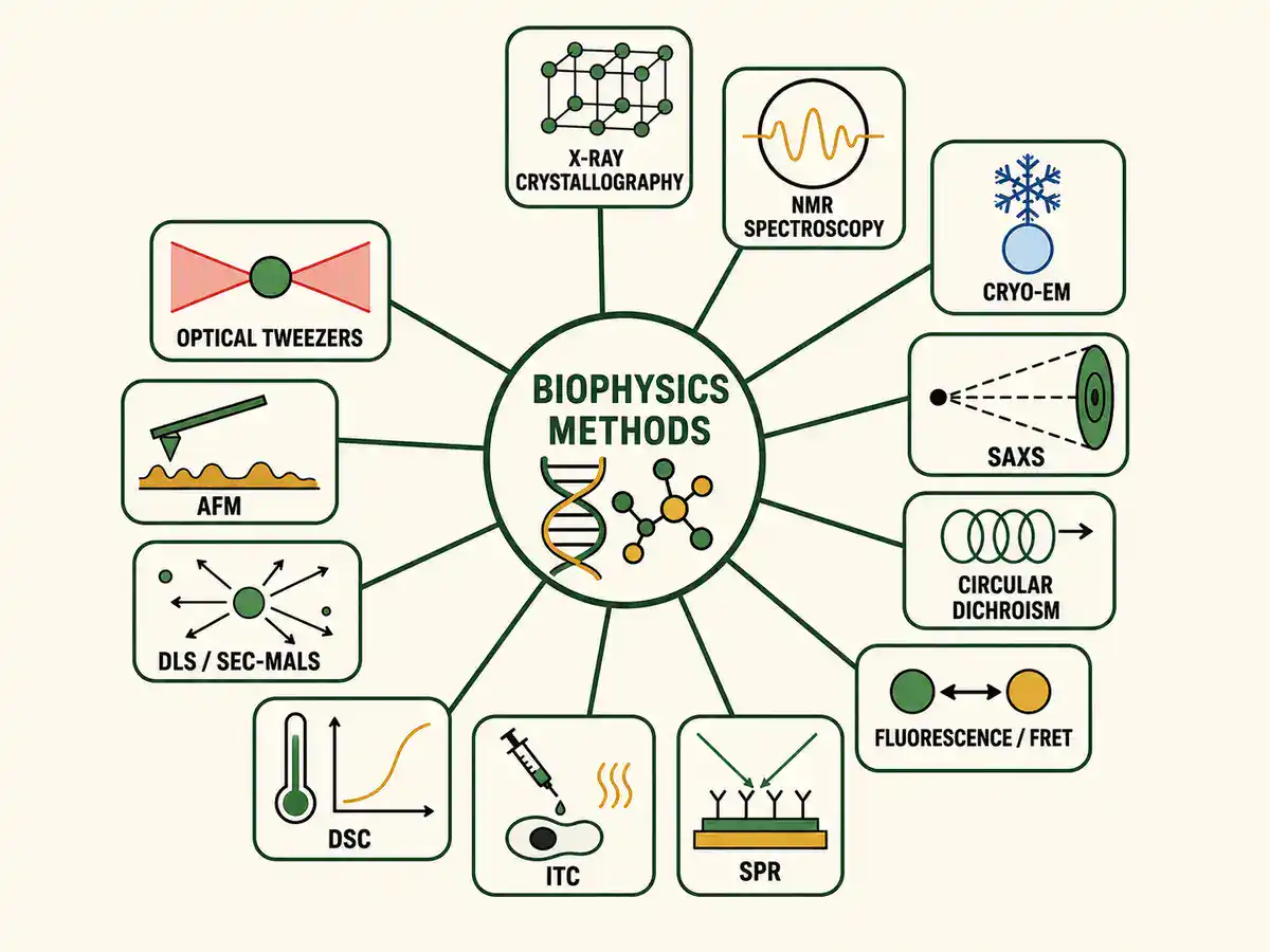 Infographic wheel of 12 core biophysics methods, from X-ray crystallography to molecular dynamics