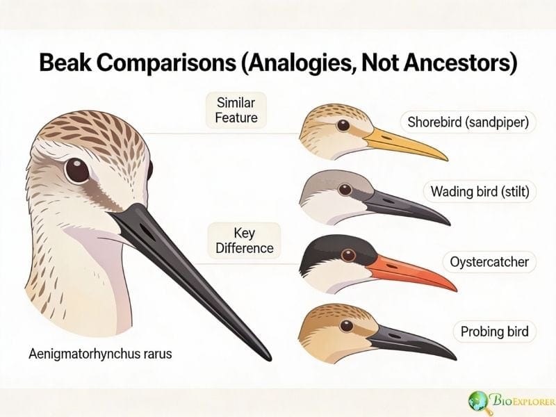 Comparison of Aenigmatorhynchus rarus beak shape with modern birds, showing similarities without direct evolutionary ancestry.