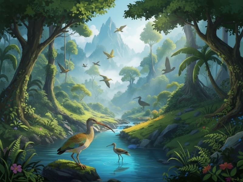 Illustration of bird evolution during the Eocene epoch with a forest lake habitat similar to the Messel fossil site.