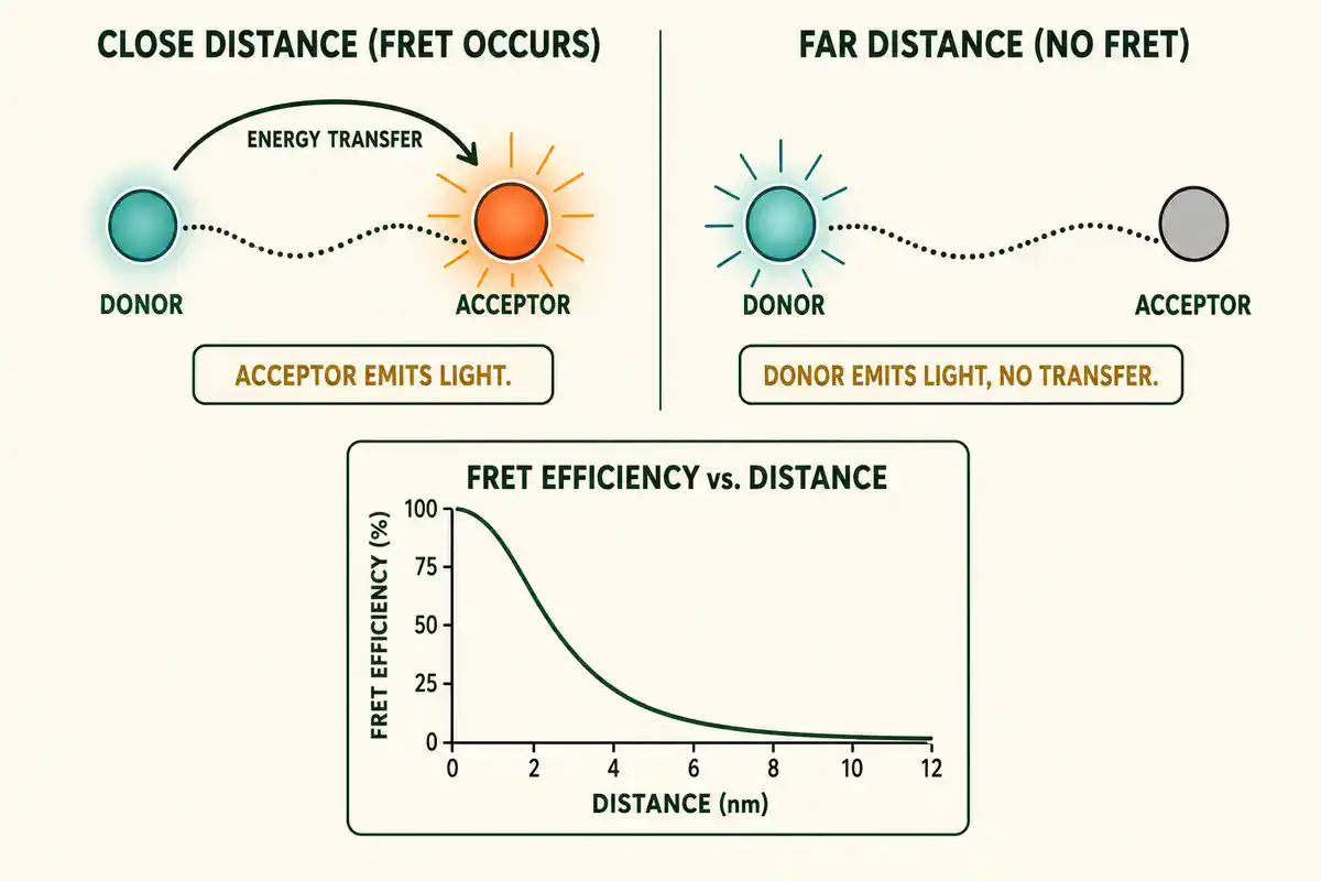 Diagram of FRET donor-acceptor energy transfer showing efficiency versus molecular distance