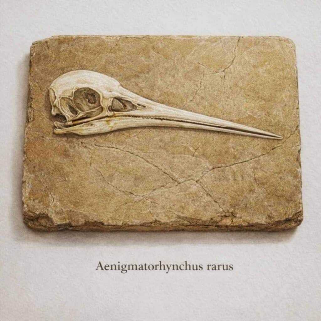 Fossil slab showing the preserved skull of Aenigmatorhynchus rarus embedded in rock from the Messel site.