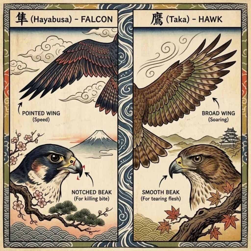 Falcon vs hawk comparison illustration showing differences in wing shape, beak structure, flight style, and hunting adaptations between falcons and hawks