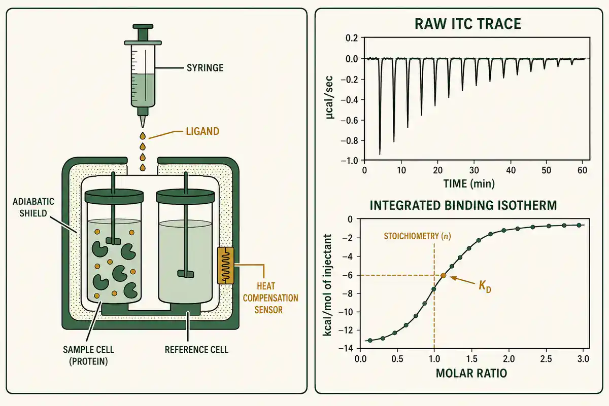 Isothermal titration calorimetry workflow showing raw heat trace and binding isotherm curve