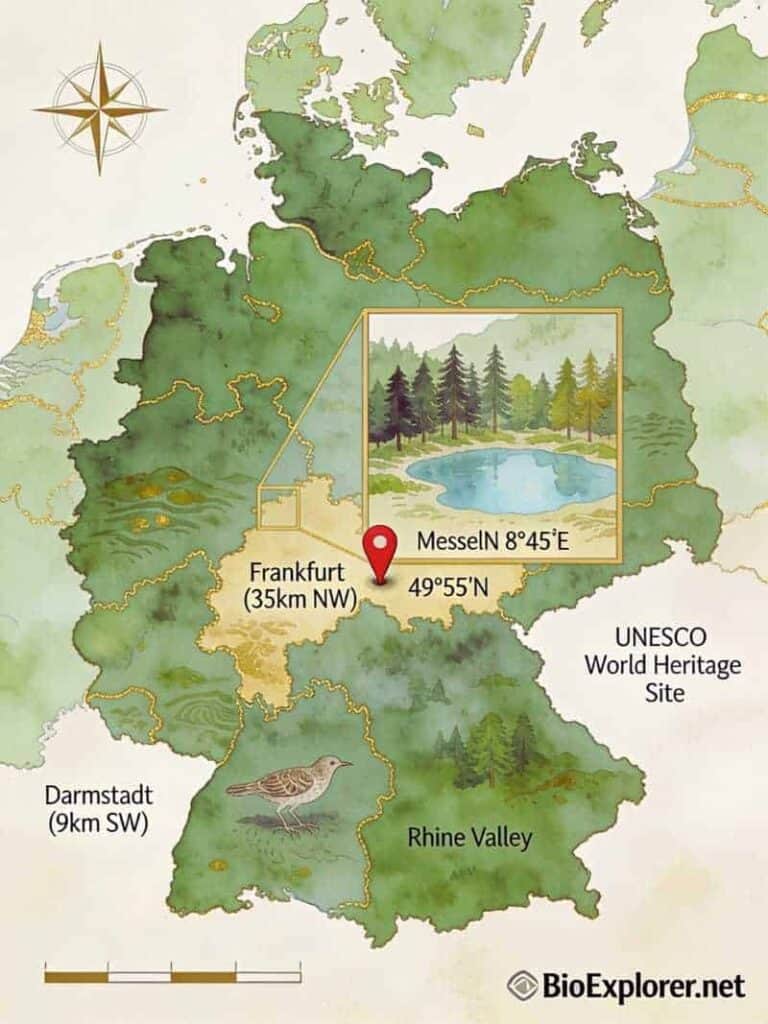 Illustrated map showing the Messel fossil site in Germany near Darmstadt and Frankfurt, with coordinates marked around 49°55′N, 8°45′E, an inset of the ancient Eocene lake environment, and labels highlighting the Rhine Valley and UNESCO World Heritage status.