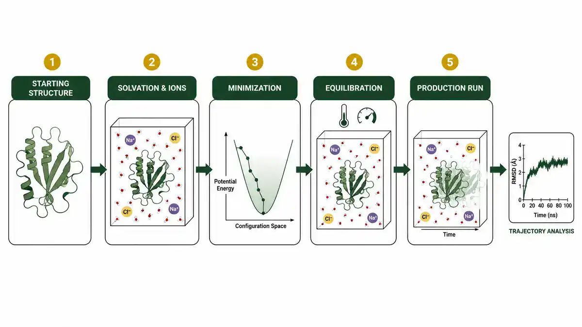 Molecular dynamics simulation workflow from starting structure to production run and RMSD analysis