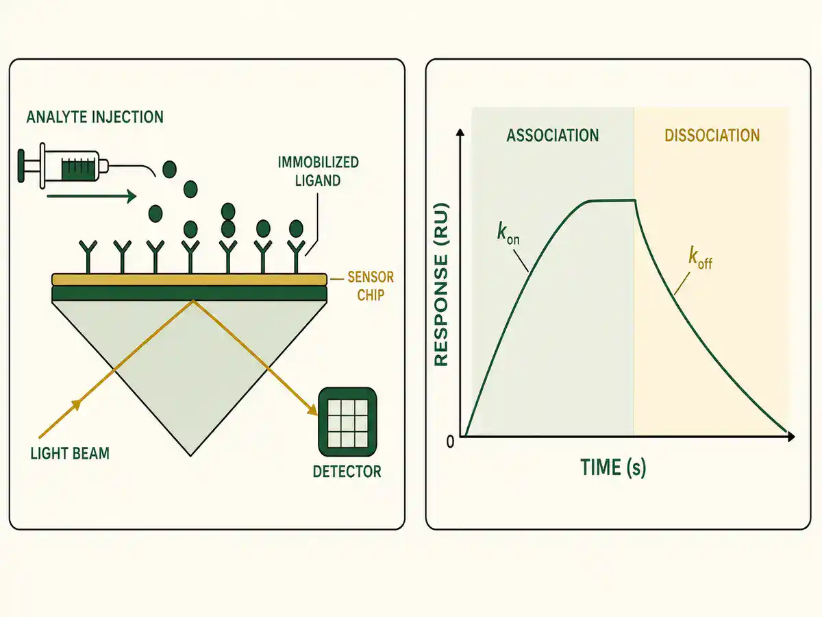 SPR sensorgram diagram showing association and dissociation phases of molecular binding kinetics
