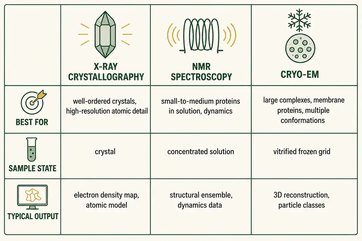 Comparison chart of X-ray crystallography, NMR spectroscopy, and cryo-EM for structural biophysics