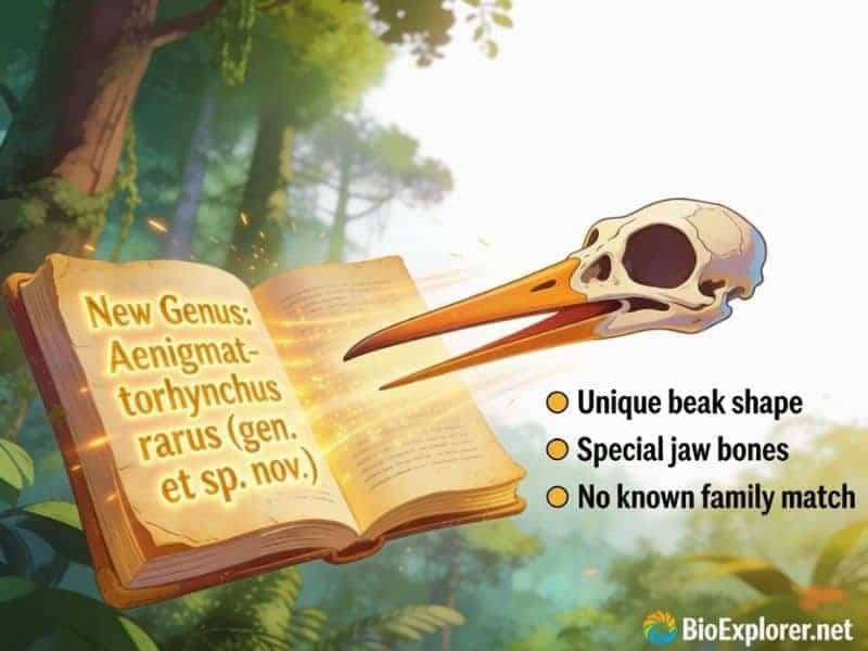 Diagram explaining why Aenigmatorhynchus rarus was placed in a new genus based on its unique skull and beak features.