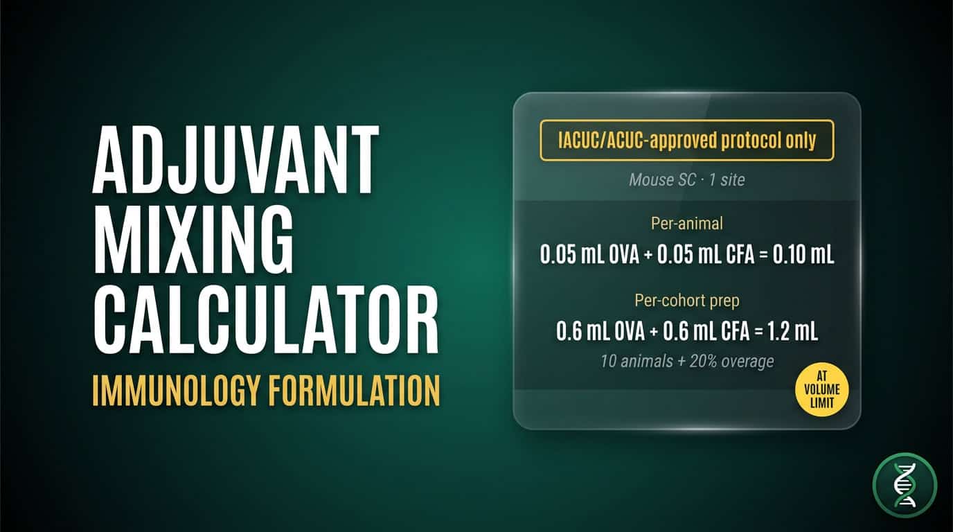 Adjuvant Mixing Calculator — per-animal and per-cohort batch preparation volumes for CFA, IFA, alum, CpG, poly(I:C), and Quil-A, with NIH OACU and Leenaars per-site safety checks. Example: 0.05 mL OVA + 0.05 mL CFA per mouse, SC route, 10 animals + 20% overage.