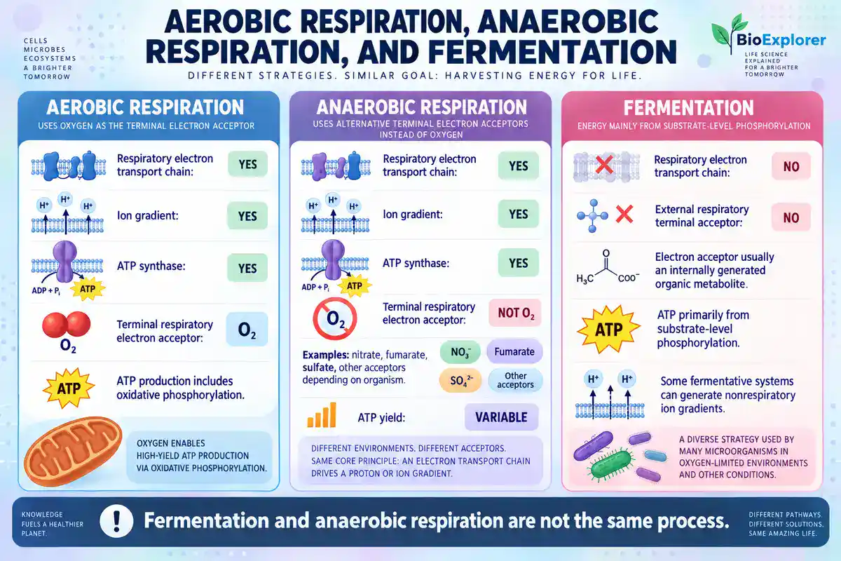Comparison infographic of aerobic respiration, anaerobic respiration, and fermentation, showing electron transport chains, terminal electron acceptors, ion gradients, ATP synthase use, and differences in ATP production.