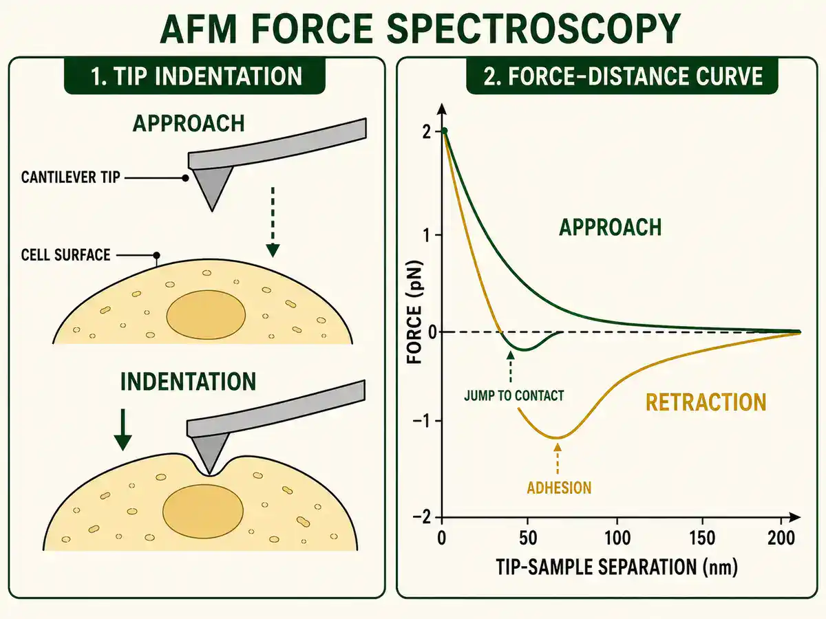 Atomic force microscopy force-distance curve showing cantilever tip indentation and adhesion