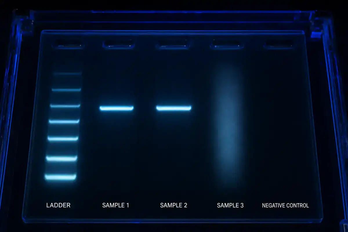 Agarose gel electrophoresis photo showing a DNA ladder, two clean sample bands, a smeared sample lane, and a negative control lane with no visible band