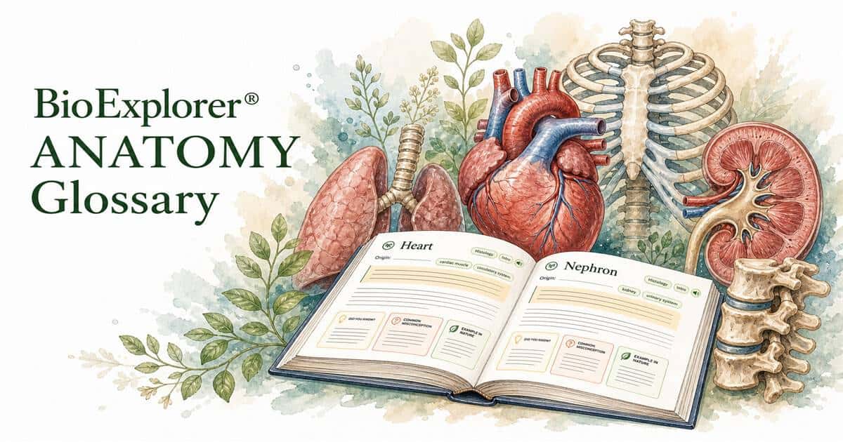 Anatomy Glossary illustration with a heart, lungs, kidney, rib cage, vertebrae, and an open reference book