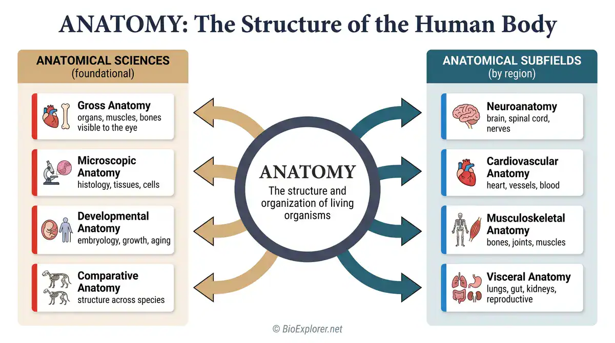 Anatomy glossary infographic explaining the structure of the human body, including gross anatomy, microscopic anatomy, developmental anatomy, neuroanatomy, cardiovascular anatomy, musculoskeletal anatomy, and visceral anatomy.
