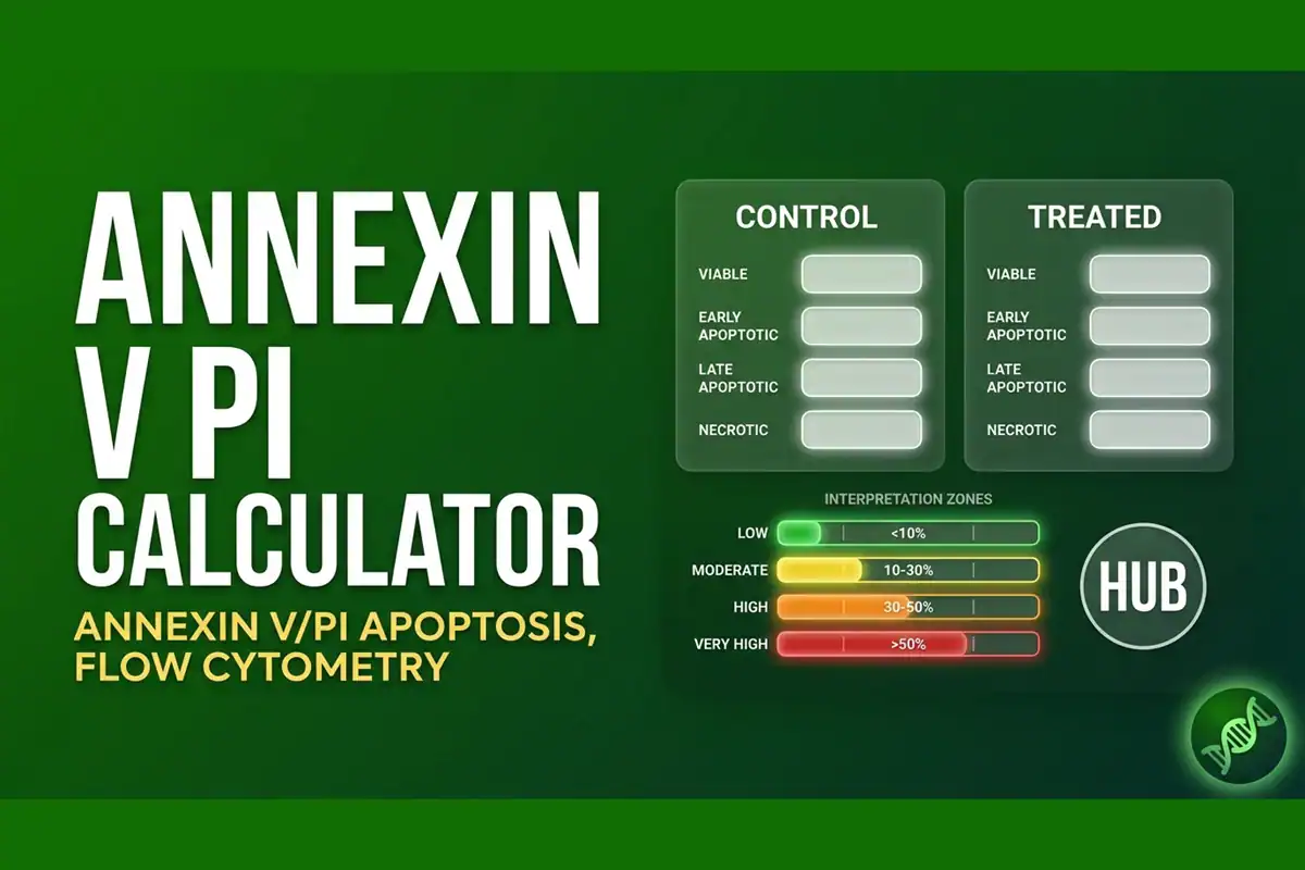 Annexin V/PI apoptosis calculator interface with two side-by-side sample input cards (control and treated), each with viable, early apoptotic, late apoptotic, and necrotic fields, plus an interpretation zone chart and induction delta output.