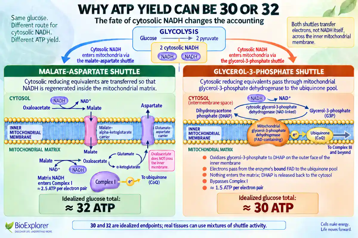 ATP yield infographic comparing the malate-aspartate and glycerol-3-phosphate shuttles, showing how cytosolic NADH can produce an idealized total of about 32 or 30 ATP per glucose.