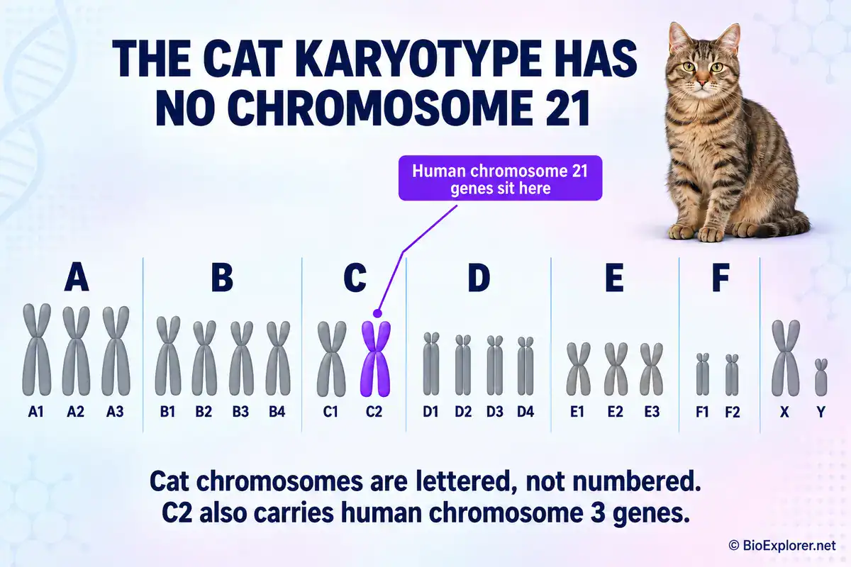 The cat karyotype has no chromosome 21 Cat karyotype diagram showing 19 chromosome pairs lettered A1 to F2, with C2 highlighted and no chromosome numbered 21