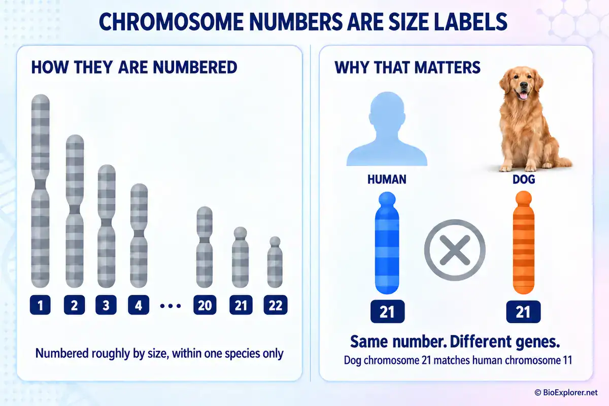Chromosome numbers are size labels, not universal addresses Diagram showing chromosomes are numbered by size within each species, so human and dog chromosome 21 carry different genes