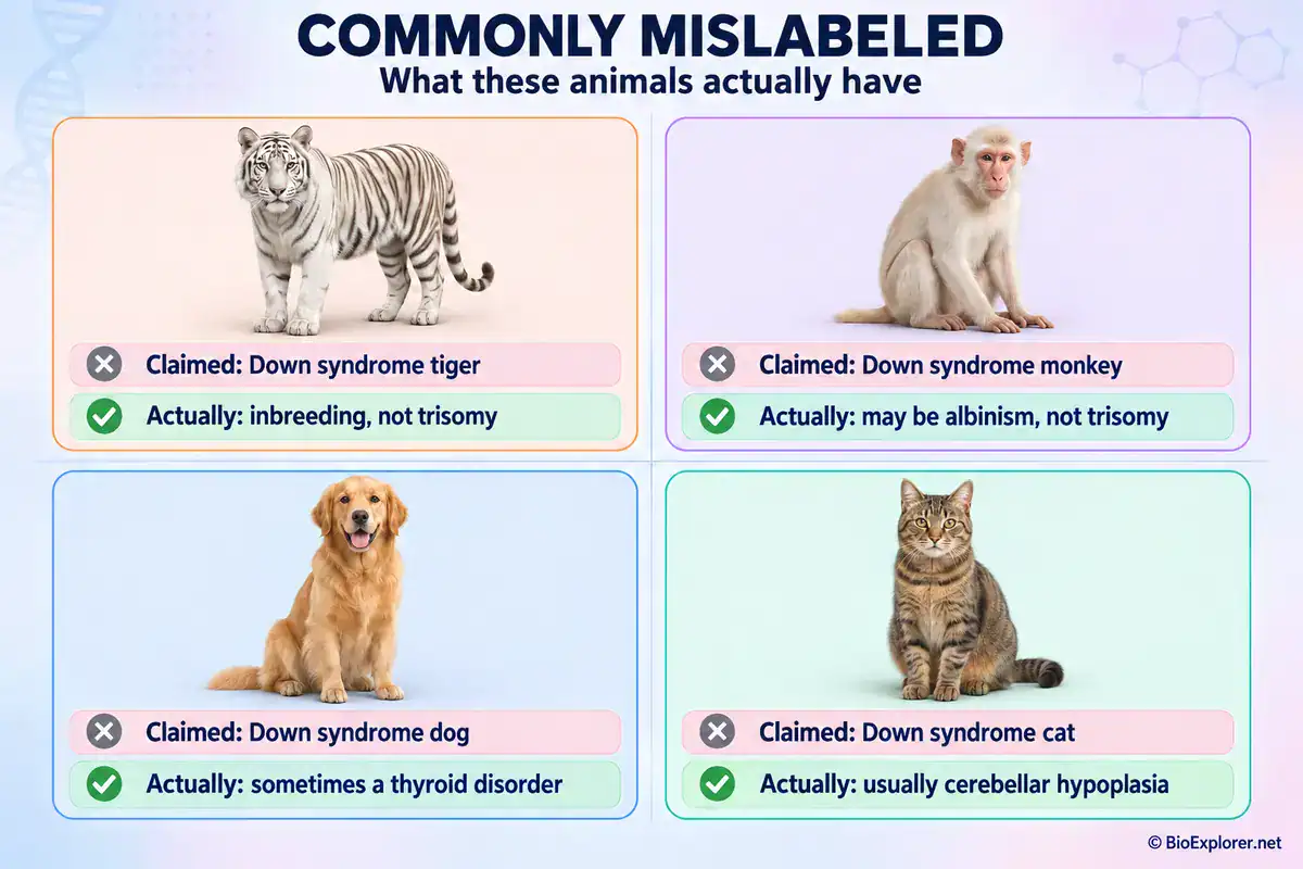 Four animals commonly mislabeled as having Down syndrome Four animals mislabeled as having Down syndrome, a tiger, monkey, dog and cat, each with its real cause