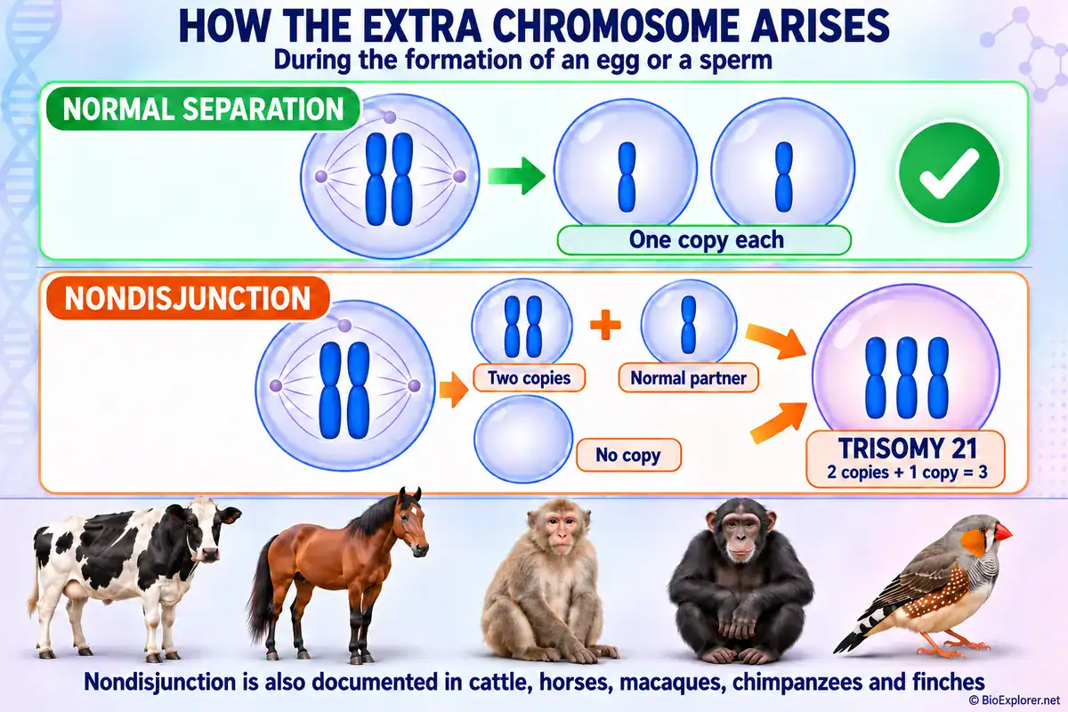 How nondisjunction produces trisomy 21 Diagram of nondisjunction in meiosis producing an egg with two copies of chromosome 21 and an embryo with three
