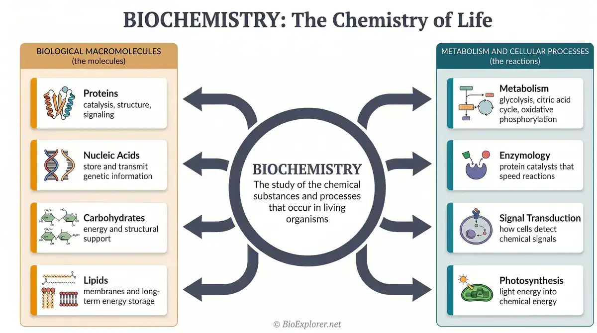 Biochemistry glossary infographic showing biological macromolecules and cellular processes, including proteins, nucleic acids, carbohydrates, lipids, metabolism, enzymology, signal transduction, and photosynthesis.