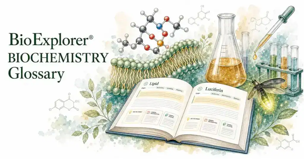 BioExplorer biochemistry glossary featured image with lipid membrane, molecular structures, lab flask, test tubes, luciferin, firefly, and an open glossary book.