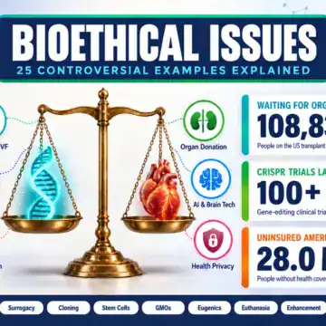Balance scale weighing a DNA helix against a human heart, surrounded by icons for 25 bioethical issues in biology and medicine