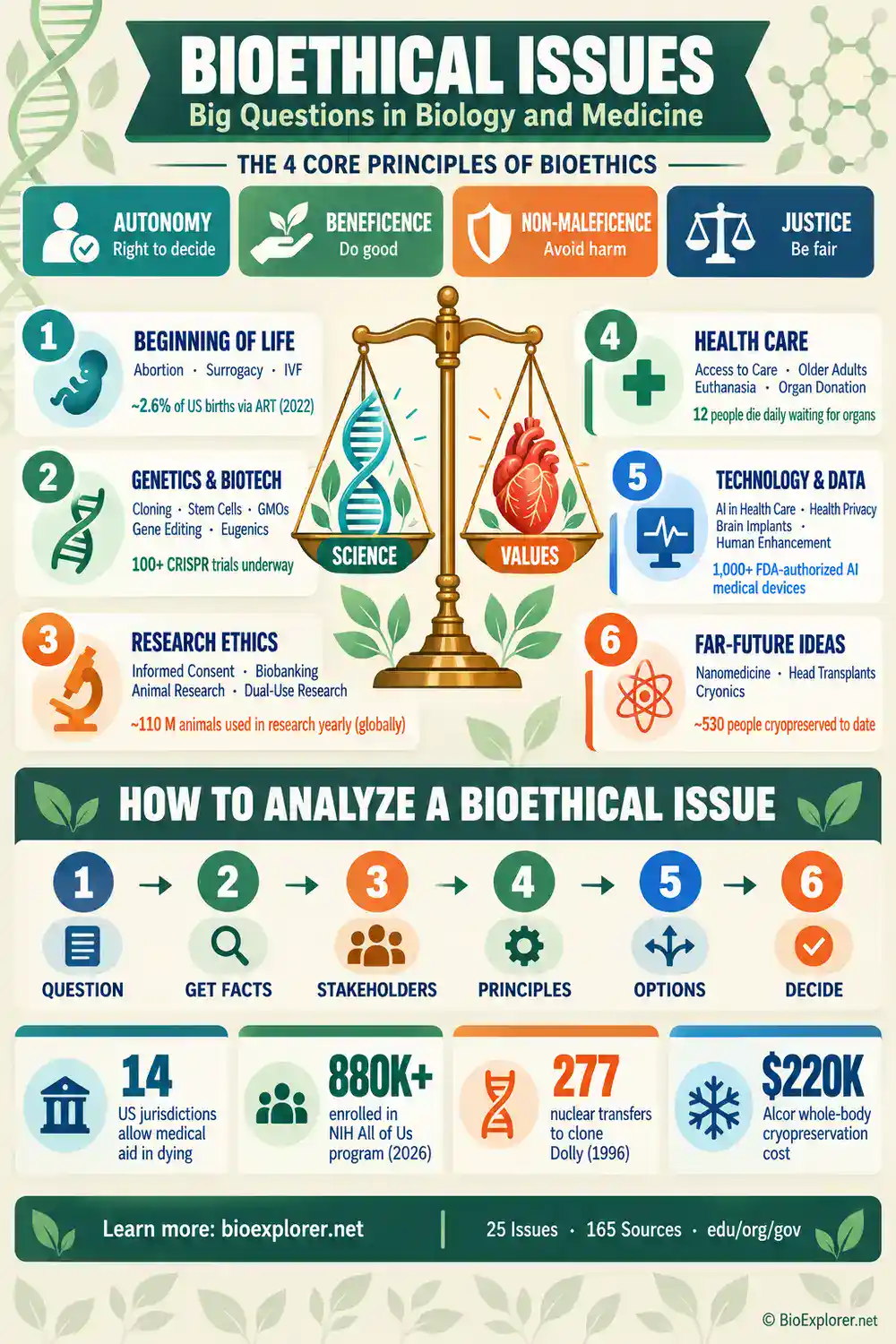 Infographic of top bioethical issues grouped into beginning of life, genetics, research, health care, technology, and far-future ideas