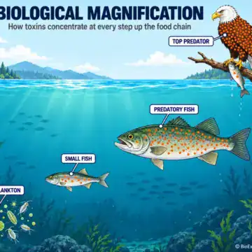 Diagram of biological magnification showing toxin concentration rising from plankton to small fish to predatory fish to a bald eagle