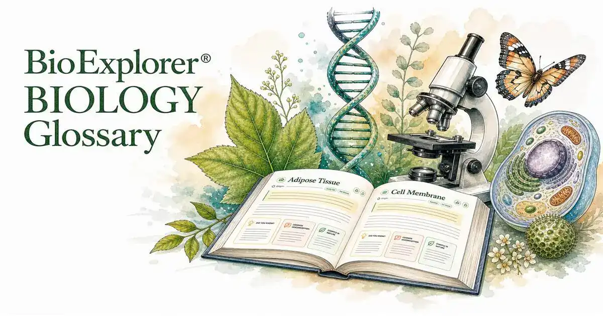 BioExplorer biology glossary featured image with DNA, microscope, cell, leaf, butterfly, adipose tissue, cell membrane, and an open biology glossary book.