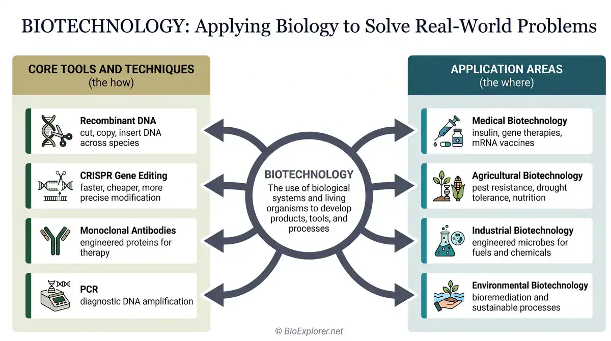 Biotechnology glossary infographic explaining core tools and application areas, including recombinant DNA, CRISPR gene editing, monoclonal antibodies, PCR, medical biotechnology, agricultural biotechnology, industrial biotechnology, and environmental biotechnology.