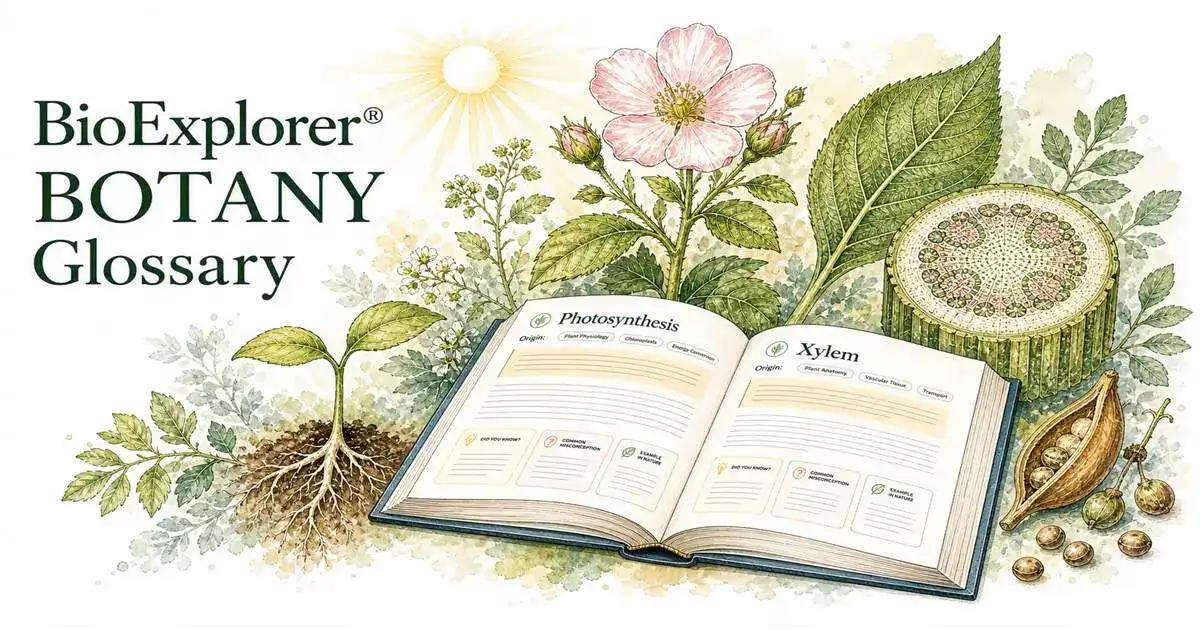 BioExplorer botany glossary featured image with flowering plants, leaves, roots, xylem, photosynthesis, seeds, and an open plant biology glossary book.