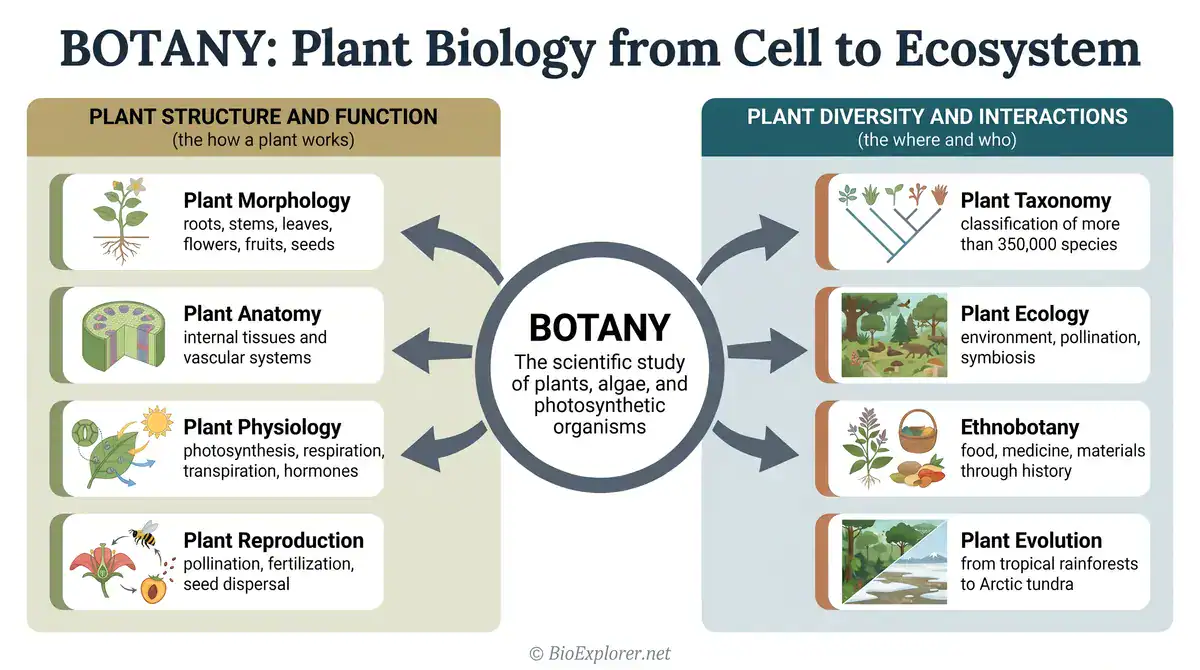 Botany glossary infographic showing plant biology from cell to ecosystem, including plant morphology, anatomy, physiology, reproduction, taxonomy, ecology, ethnobotany, and plant evolution.