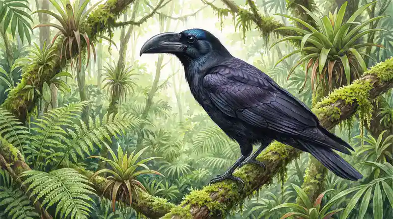 Bougainville Crow (Corvus meeki) perched on a mossy rainforest branch in Papua New Guinea, showing distinctive black plumage with bluish gloss and heavy curved bill 