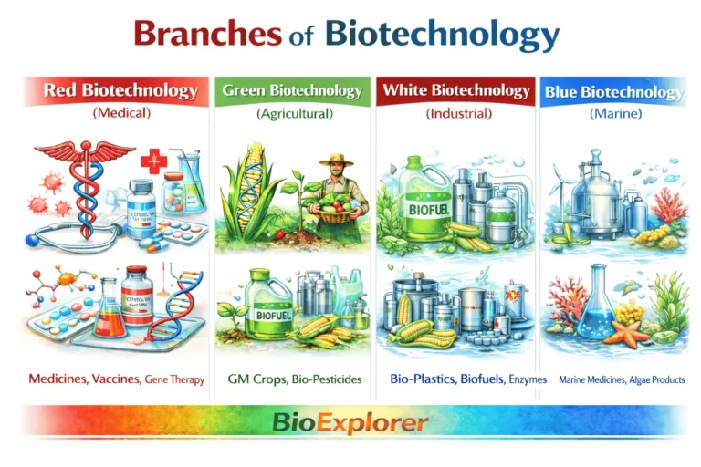 A four-column infographic illustrates the branches of biotechnology—red (medical), green (agricultural), white (industrial), and blue (marine)—using clear, color-coded visuals that show how biology is applied across health, farming, industry, and the oceans.