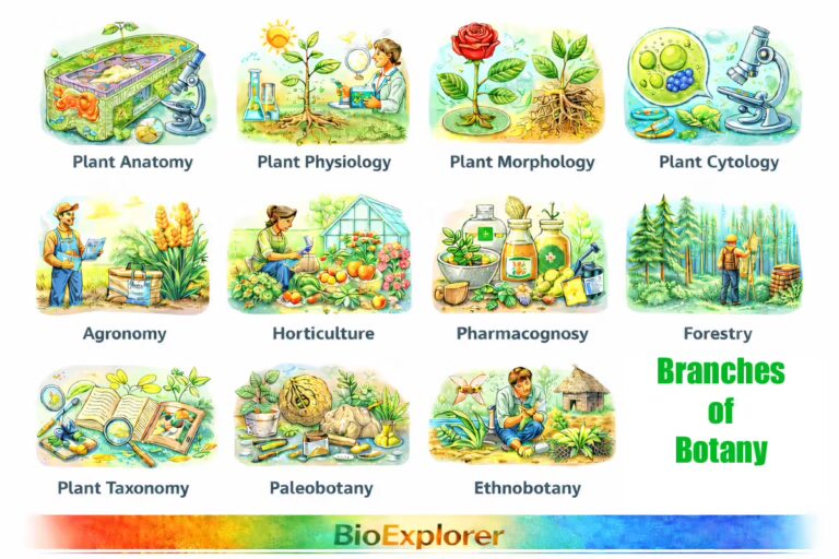A colorful grid-style illustration depicts eleven major branches of botany, showing how plant science spans internal structure, physiological processes, classification, agriculture, medicine, forestry, fossils, and cultural uses of plants.