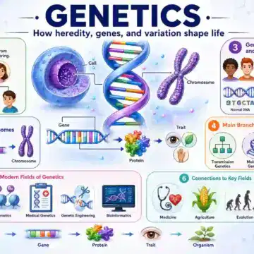 Genetics infographic showing DNA, genes, chromosomes, heredity, genetic variation, mutations, traits, proteins, and major branches of genetics.