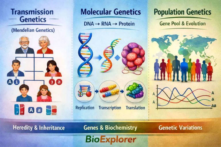 A three-panel infographic illustrates the branches of genetics, showing inheritance in families, DNA-to-protein processes at the molecular level, and gene variation across populations