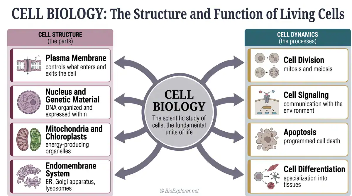 Cell biology glossary infographic explaining living cell structure and function, including the plasma membrane, nucleus, mitochondria, chloroplasts, endomembrane system, cell division, cell signaling, apoptosis, and cell differentiation.