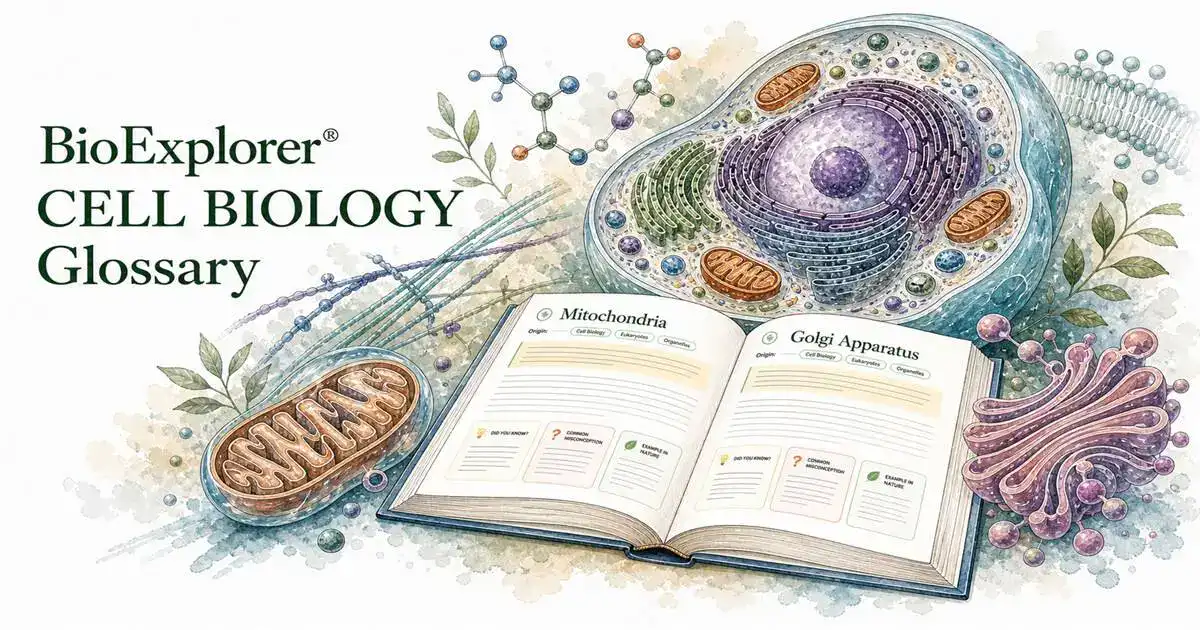 BioExplorer cell biology glossary featured image with a cell diagram, mitochondria, Golgi apparatus, plasma membrane, molecules, and an open glossary book.
