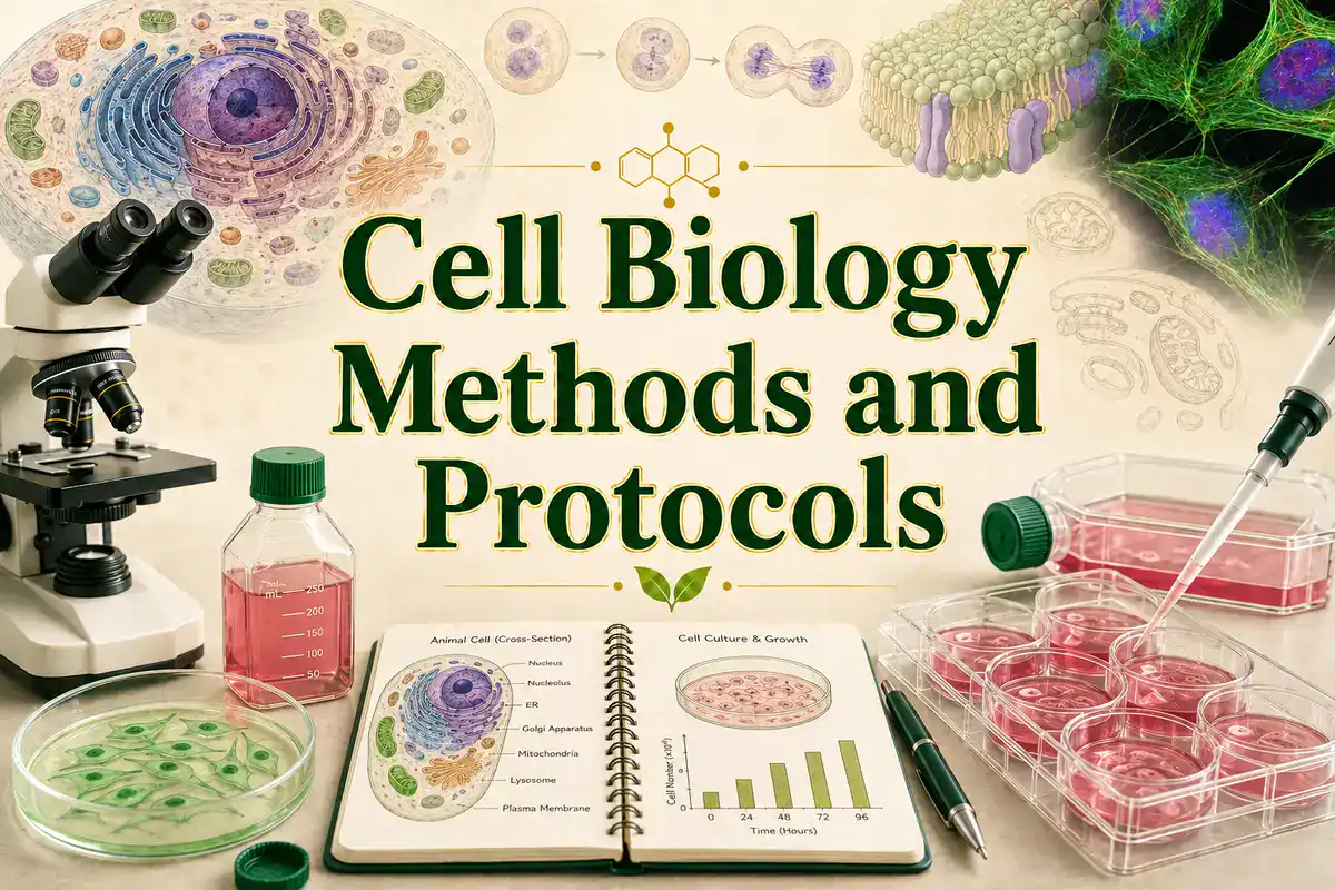 Cell Biology Methods and Protocols featured image showing a microscope, animal cell diagram, cell division sequence, cell membrane illustration, fluorescence cell image, cell culture plates, pipette, petri dish with cells, culture flask, and lab notebook in BioExplorer green and gold tones