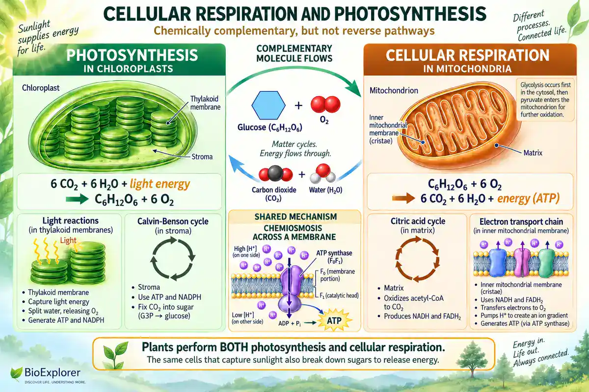 Cellular respiration and photosynthesis infographic comparing chloroplast and mitochondrion processes, balanced equations, chemiosmosis, glucose and oxygen flow, and carbon dioxide and water cycling.