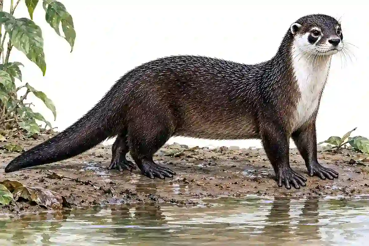 Illustration of a Congo clawless otter showing its clawless front paws, white-ringed black face patch and silver-frosted head