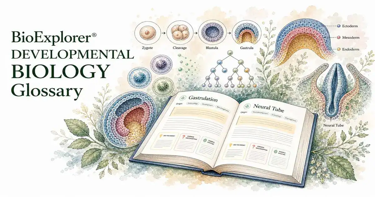 BioExplorer developmental biology glossary featured image with zygote, cleavage, blastula, gastrula, germ layers, neural tube, and an open glossary book.