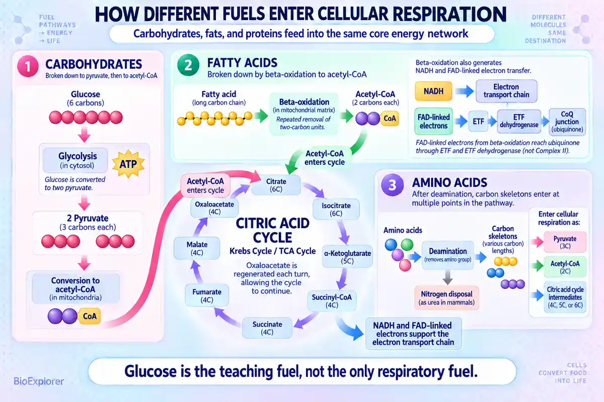 Infographic showing how carbohydrates, fatty acids, and amino acids enter cellular respiration through glycolysis, beta-oxidation, acetyl-CoA, the citric acid cycle, and electron transport pathways.