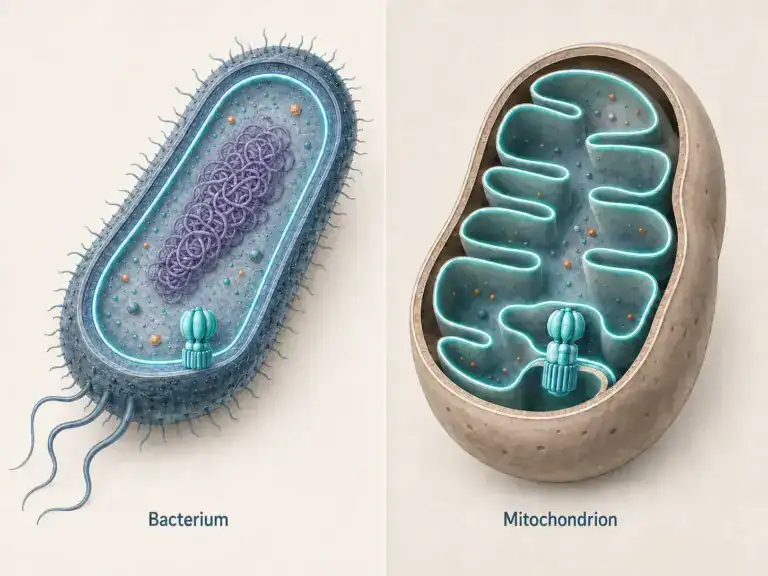 Cross-sections of a bacterium and mitochondrion showing ATP synthase in the plasma and inner mitochondrial membranes.