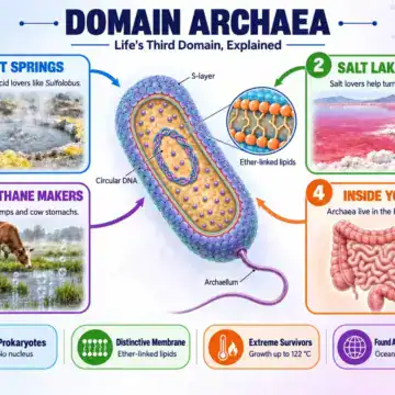 Domain Archaea infographic showing an archaeal cell with S-layer, ether-linked lipids, circular DNA, and archaellum, plus habitats including hot springs, salt lakes, methane-rich swamps, and the human gut