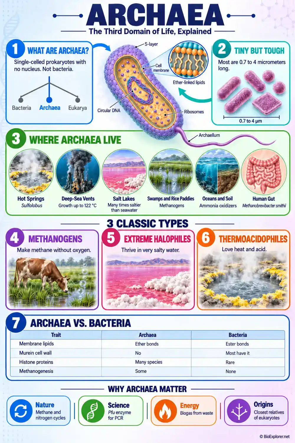Domain Archaea infographic covering what archaea are, the parts of an archaeal cell, where archaea live, the three classic types, how archaea differ from bacteria, and why archaea matter
