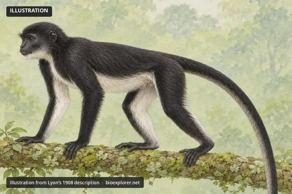 East Sumatran Banded Langur Illustration of an East Sumatran banded langur walking a mossy branch, showing its blackish coat and white inner limbs